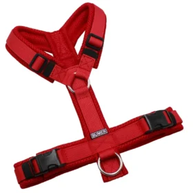 BUMER Hundegeschirr, gepolstert ohne geteilten Bruststeg, Größe S, Gurtband PREMIUM Flammenrot, MESH Rot, Ringe silberfarbig (Edelstahl), Schnallen schwarz