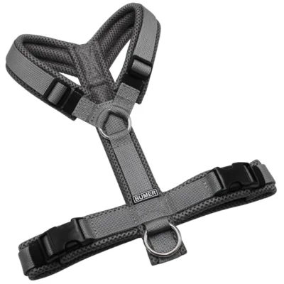 BUMER Hundegeschirr, gepolstert ohne geteilten Bruststeg, Größe S, Gurtband PREMIUM Pearly Horizon, MESH Grau, Ringe silberfarbig (Edelstahl), Schnallen schwarz