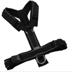 BUMER Hundegeschirr, gepolstert ohne geteilten Bruststeg, Größe S, Gurtband PREMIUM Pitch Black, Softshell schwarz, Ringe silberfarbig (Edelstahl), Schnallen schwarz, Paspel grau (REFLEX)a