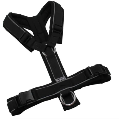 BUMER Hundegeschirr, gepolstert ohne geteilten Bruststeg, Größe S, Gurtband: PREMIUM Pitch Black, Softshell: schwarz, Ringe: silberfarbig (Edelstahl), Schnallen: schwarz, Paspel: grau (REFLEX)