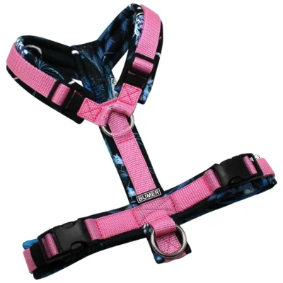 BUMER Hundegeschirr, gepolstert ohne geteilten Bruststeg, Größe S, Gurtband: Pink, Softshell: FARFALLA, Ringe: silberfarbig (Edelstahl), Schnallen: schwarz