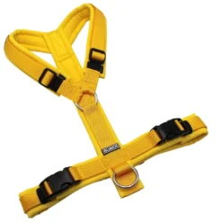 BUMER Hundegeschirr, gepolstert ohne geteilten Bruststeg, Größe S/M, Gurtband PREMIUM Sunburst Yellow, Softshell Sonnenblume, Ringe silberfarbig (Edelstahl), Schnallen schwarz