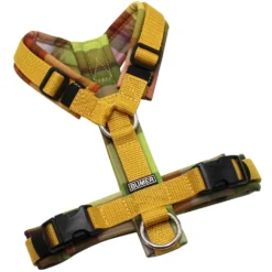 BUMER Hundegeschirr, gepolstert ohne geteilten Bruststeg, Größe XS, Gurtband Gold, Softshell TARTAN #2, Ringe silberfarbig (Edelstahl), Schnallen schwarz (DURAFLEX®)