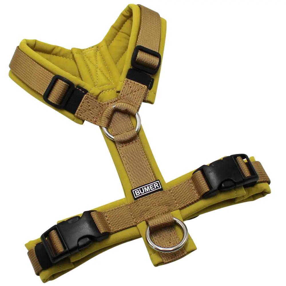 BUMER Hundegeschirr, gepolstert ohne geteilten Bruststeg, Größe XS, Gurtband PREMIUM Golden Sand, Softshell Curry, Ringe silberfarbig (Edelstahl), Schnallen schwarz