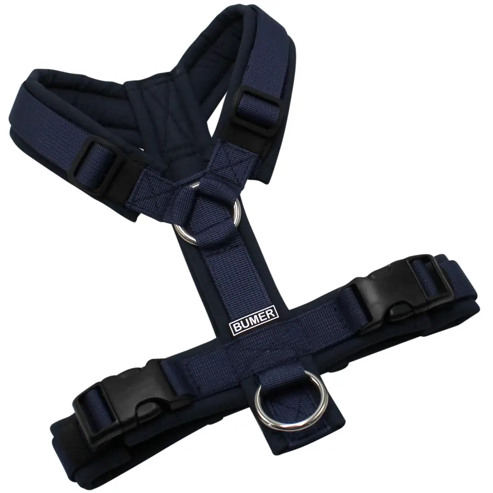BUMER Hundegeschirr, gepolstert ohne geteilten Bruststeg, Größe XS, Gurtband PREMIUM Midnight Indigo, Softshell Navy, Ringe silberfarbig (Edelstahl), Schnallen schwarz