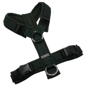 BUMER Hundegeschirr, gepolstert ohne geteilten Bruststeg, Größe XS, Gurtband PREMIUM X Dunkelgrün, Softshell Dunkelolive, Ringe silberfarbig (Edelstahl), Schnallen schwarz