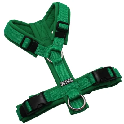 BUMER Hundegeschirr, gepolstert ohne geteilten Bruststeg, Größe XS, Gurtband PREMIUM X Fern Fantasy, Softshell Farngrün, Ringe silberfarbig (Edelstahl), Schnallen schwarz