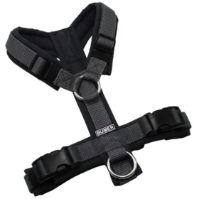 BUMER Hundegeschirr, gepolstert ohne geteilten Bruststeg, Größe XS, Gurtband Standard PLUS Dunkelgrau, Softshell Cool Grey, Ringe silberfarbig (Edelstahl), Schnallen schwarz