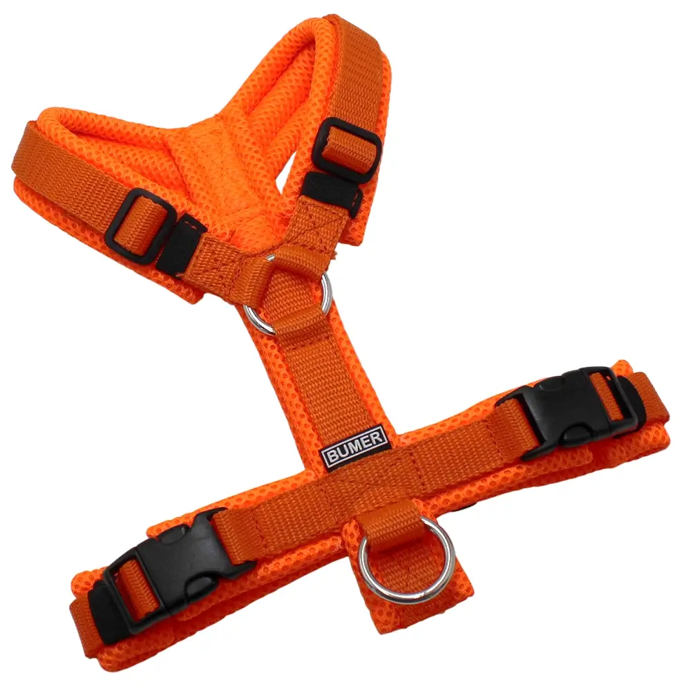 BUMER Hundegeschirr, gepolstert ohne geteilten Bruststeg, Größe XS/S, Gurtband Orange, MESH Neonorange, Ringe silberfarbig (Edelstahl), Schnallen schwarz