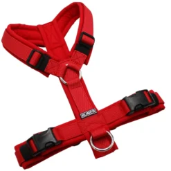 BUMER Hundegeschirr, gepolstert ohne geteilten Bruststeg, Größe XS/S, Gurtband PREMIUM Flammenrot, Softshell Rot, Ringe silberfarbig (Edelstahl), Schnallen schwarz