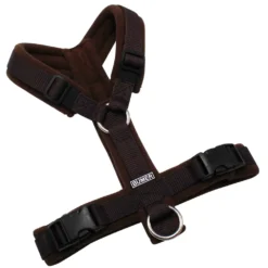 BUMER Hundegeschirr, gepolstert, ohne geteilten Bruststeg, Größe XS/S, Gurtband Dunkelbraun, Fleece Woodland Bark, Ringe silberfarbig (Edelstahl), Schnallen schwarz