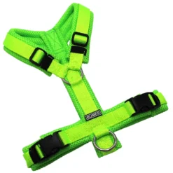 BUMER Hundegeschirr, gepolstert ohne geteilten Bruststeg, Größe XS/S, Gurtband Neongrün, MESH Neongrün, Ringe silberfarbig (Edelstahl), Schnallen schwarz
