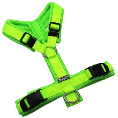 BUMER Hundegeschirr, gepolstert ohne geteilten Bruststeg, Größe XS/S, Gurtband Neongrün, MESH Neongrün, Ringe silberfarbig (Edelstahl), Schnallen schwarz