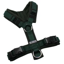 BUMER Hundegeschirr, gepolstert ohne geteilten Bruststeg, Größe XXS, Gurtband Dunkelgrün, Softshell Dunkelolive, Ringe silberfarbig (Edelstahl), Schnallen schwarz