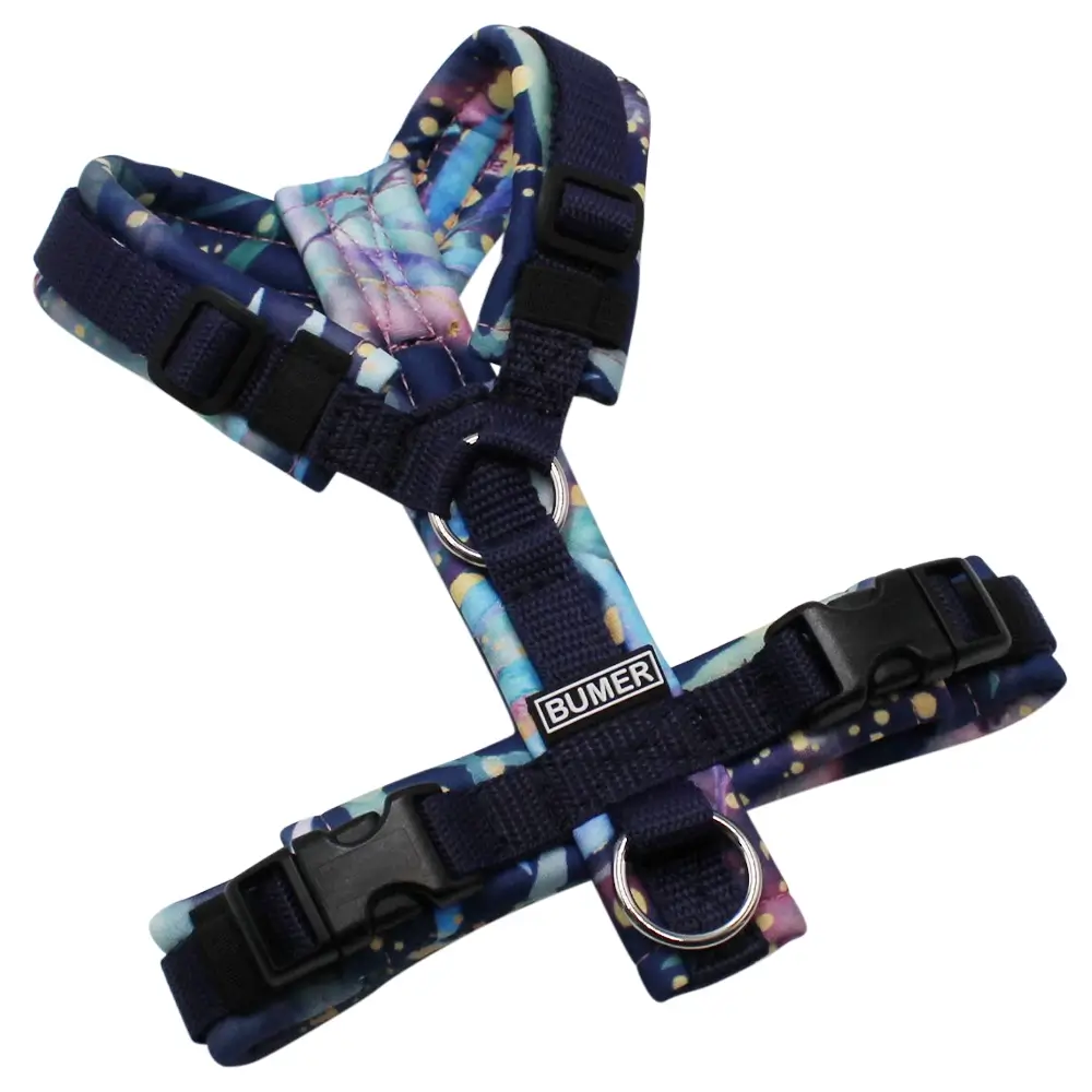 BUMER Hundegeschirr, gepolstert ohne geteilten Bruststeg, Größe XXS, Gurtband Dunkelnavy, Softshell BLÄTTERZWEIGE IN PASTELL, Ringe silberfarbig (Edelstahl), Schnallen schwarz
