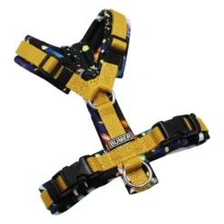 BUMER Hundegeschirr, gepolstert ohne geteilten Bruststeg, Größe XXS, Gurtband Gold, Softshell BLÄTTERZWEIGE (Tropfen), Ringe silberfarbig (Edelstahl), Schnallen schwarz