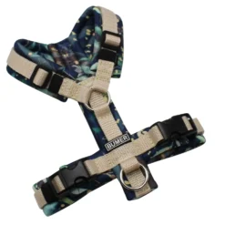 BUMER Hundegeschirr, gepolstert ohne geteilten Bruststeg, Größe XXS, Gurtband Haut, Softshell BLÄTTER TROPFEN, Ringe silberfarbig (Edelstahl), Schnallen schwarz