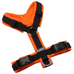 BUMER Hundegeschirr, gepolstert ohne geteilten Bruststeg, Größe XXS, Gurtband PREMIUM Pitch Black, Softshell Neonorange, Ringe silberfarbig (Edelstahl), Schnallen schwarz