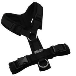 BUMER Hundegeschirr, gepolstert ohne geteilten Bruststeg, Größe XXS, Gurtband PREMIUM Pitch Black, Softshell Schwarz (SCHOELLER®), Ringe silberfarbig (Edelstahl), Schnallen schwarz (DURAFLEX®)