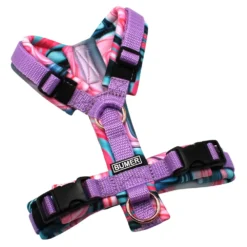 BUMER Hundegeschirr, gepolstert ohne geteilten Bruststeg, Größe XXS, Gurtband Violet, Softshell Liquid Groovy Pink, Ringe rosegoldfarbig, Schnallen schwarz