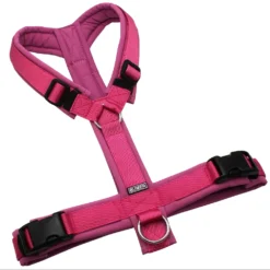 BUMER Hundegeschirr, gepolstert ohne geteilten Bruststeg, Zwischengröße M/L, Gurtband PREMIUM Himbeer Sorbet, Softshell Kirschblüte, Ringe silberfarbig (Edelstahl), Schnallen DURAFLEX®