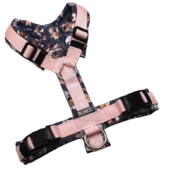 BUMER Hundegeschirr, gepolstert ohne geteilten Bruststeg, Zwischengröße XS/S, Gurtband PREMIUM Blush Petal, Softshell Mitternachtsorchester, Ringe silberfarbig (Edelstahl), Schnallen schwarz