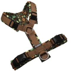 BUMER Hundegeschirr, gepolstert ohne geteilten Bruststeg, Zwischengröße XS/S, Gurtband PREMIUM Caramel Rust, Softshell Spooky Sweets, Ringe silberfarbig (Edelstahl), Schnallen schwarz
