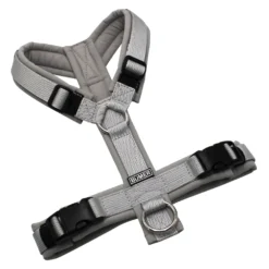 BUMER Hundegeschirr, gepolstert ohne geteilten Bruststeg, Zwischengröße XS/S, Gurtband PREMIUM Muschelgrau, Softshell Hellgrau, Ringe silberfarbig (Edelstahl), Schnallen schwarz