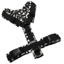 BUMER Hundegeschirr, gepolstert ohne geteilten Bruststeg, Zwischengröße XS/S, Gurtband PREMIUM Pitch Black, Softshell Boo Party, Ringe silberfarbig (Edelstahl), Schnallen schwarz