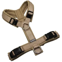 BUMER Hundegeschirr, gepolstert ohne geteilten Bruststeg, Zwischengröße XS/S, Gurtband PREMIUM Soft Beige, Softshell Sandgrege, Ringe silberfarbig (Edelstahl), Schnallen schwarz