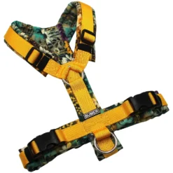 BUMER Hundegeschirr, gepolstert ohne geteilten Bruststeg, Zwischengröße XS/S, Gurtband PREMIUM Sunburst Yellow, Softshell Graffiti Blossom, Ringe silberfarbig (Edelstahl), Schnallen schwarz