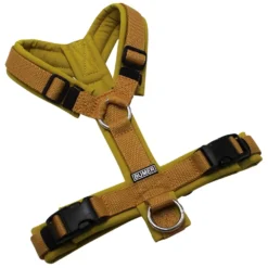 BUMER Hundegeschirr, gepolstert ohne geteilten Bruststeg, Zwischengröße XS/S, Gurtband PREMIUM X Dunkelbeige, Softshell Curry, Ringe silberfarbig (Edelstahl), Schnallen schwarz