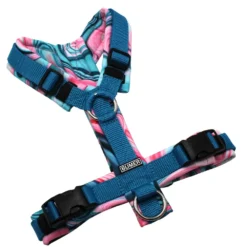 BUMER Hundegeschirr, gepolstert ohne geteilten Bruststeg, Zwischengröße XS/S, Gurtband Petrol, Softshell LIQUID GROOVY PINK, Ringe silberfarbig (Edelstahl), Schnallen schwarz