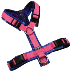 BUMER Hundegeschirr, gepolstert ohne geteilten Bruststeg, Zwischengröße XS/S, Gurtband Pink, Softshell GALAXY, Ringe silberfarbig (Edelstahl), Schnallen schwarz