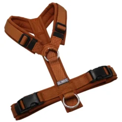 BUMER Hundegeschirr, gepolstert ohne geteilten Bruststeg, Zwischengröße XS/S, Gurtband PREMIUM Copper Glow, Softshell Karamell, Ringe silberfarbig (Edelstahl), Schnallen schwarz
