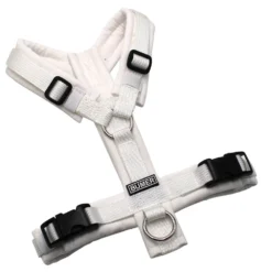 BUMER Hundegeschirr, gepolstert ohne geteilten Bruststeg, Zwischengröße XXS/XS, Gurtband PREMIUM Silken Snow, Softshell weiss, Ringe silberfarbig (Edelstahl), Schnallen schwarz