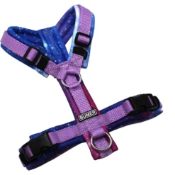 BUMER Hundegeschirr, gepolstert ohne geteilten Bruststeg, Zwischengröße XXS/XS, Gurtband Violet, Softshell GALAXY, Ringe silberfarbig (Edelstahl), Schnallen schwarz
