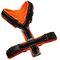 BUMER Hundegeschirr, gepolstert ohne geteilten Bruststeg, Zwischengröße XXS/XS, Gurtband schwarz (REFLEX), Softshell Neonorange, Ringe silberfarbig (Edelstahl), Schnallen schwarz