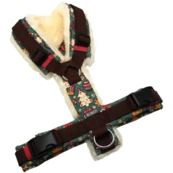 BUMER Hundegeschirr, gepolstert ohne geteilten Bruststeg mit Lammfell Brustbein/Nacken und Rückensteg, Größe M, Gurtband Standard PLUS Dunkelbraun, Softshell WEIHNACHTEN #14, Ringe silberfarbig (Edelstahl), Schnallen schwarz, Applikation