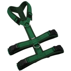 BUMER Sicherheitsgeschirr, gepolstert ohne geteilten Bruststeg, Größe M/L, Gurtband Grün, Softshell Smaragdgrün, Ringe silberfarbig (Edelstahl), Schnallen schwarz (DURAFLEX®)