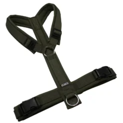 BUMER Hundegeschirr, gepolstert ohne geteilten Bruststeg, Größe XL, Gurtband: Dunkelolive, Softshell: Olive, Ringe: silberfarbig (Edelstahl), Schnallen: schwarz