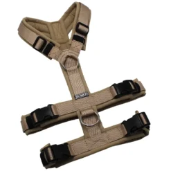 BUMER Sicherheitsgeschirr, gepolstert ohne geteilten Bruststeg, Größe XS/S, Gurtband PREMIUM Soft Beige, Softshell Sandgrege, Ringe silberfarbig (Edelstahl), Schnallen schwarz