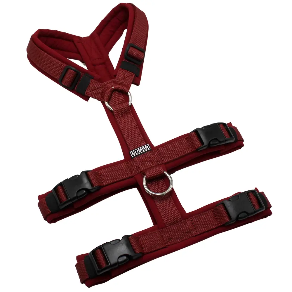 BUMER Sicherheitsgeschirr, gepolstert ohne geteilten Bruststeg, Größe XXS, Gurtband Bordeaux, Softshell Bordeaux, Ringe silberfarbig (Edelstahl), Schnallen schwarz