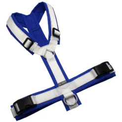 BUMER VenturFlex Pro CORDURA® Hundegeschirr, gepolstert ohne geteilten Bruststeg, Zwischengröße M/L, Gurtband PREMIUM Silken Snow, CORDURA® Königsblau, Ringe silberfarbig (Edelstahl), Schnallen DURAFLEX®