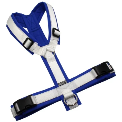 BUMER VenturFlex Pro CORDURA® Hundegeschirr, gepolstert ohne geteilten Bruststeg, Zwischengröße M/L, Gurtband PREMIUM Silken Snow, CORDURA® Königsblau, Ringe silberfarbig (Edelstahl), Schnallen DURAFLEX®
