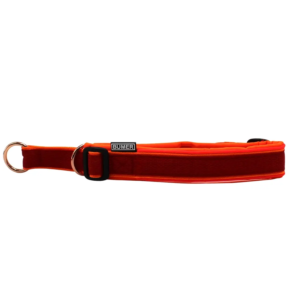 BUMER Zug-Stopp Halsband, Hundehalsband für Hunde, gepolstert, Halsumfang 42-48cm, Gurtband Flammenrot, Softshell Neonorange, Ringe silberfarbig (Edelstahl), Paspel Neonrot