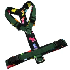 BUMER Hundegeschirr, gepolstert ohne geteilten Bruststeg, Größe L, Gurtband PREMIUM Evergreen Dream, OXFORD Bunte Hunde, Ringe silberfarbig (Edelstahl), Schnallen schwarz, Applikation