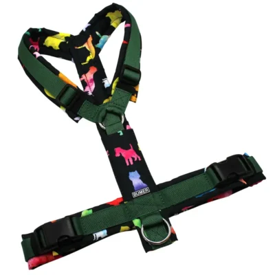 BUMER Hundegeschirr, gepolstert ohne geteilten Bruststeg, Größe L, Gurtband: PREMIUM Evergreen Dream, OXFORD: Bunte Hunde, Ringe: silberfarbig (Edelstahl), Schnallen: schwarz, Applikation