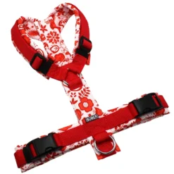 BUMER Hundegeschirr, gepolstert ohne geteilten Bruststeg, Größe M, Gurtband PREMIUM Feuerrot, OXFORD Motiv (wie im Bild), Ringe silberfarbig (Edelstahl), Schnallen schwarz, Applikation