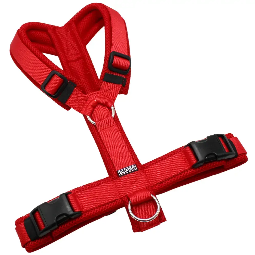 BUMER Hundegeschirr, gepolstert ohne geteilten Bruststeg, Größe M, Gurtband PREMIUM Flammenrot, MESH Rot, Ringe silberfarbig (Edelstahl), Schnallen schwarz